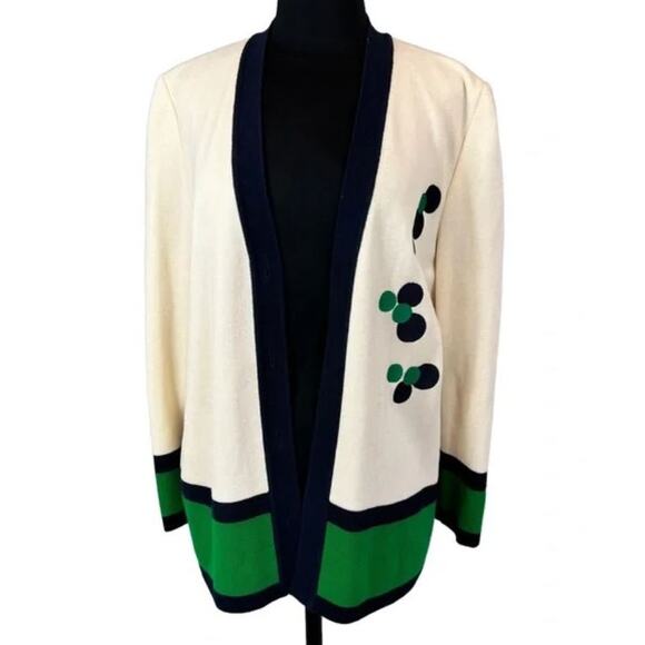 Vintage Sweaters - Vintage Arthur Kohler Sweater Cream Green Navy Open Front Classic Cardigan 10